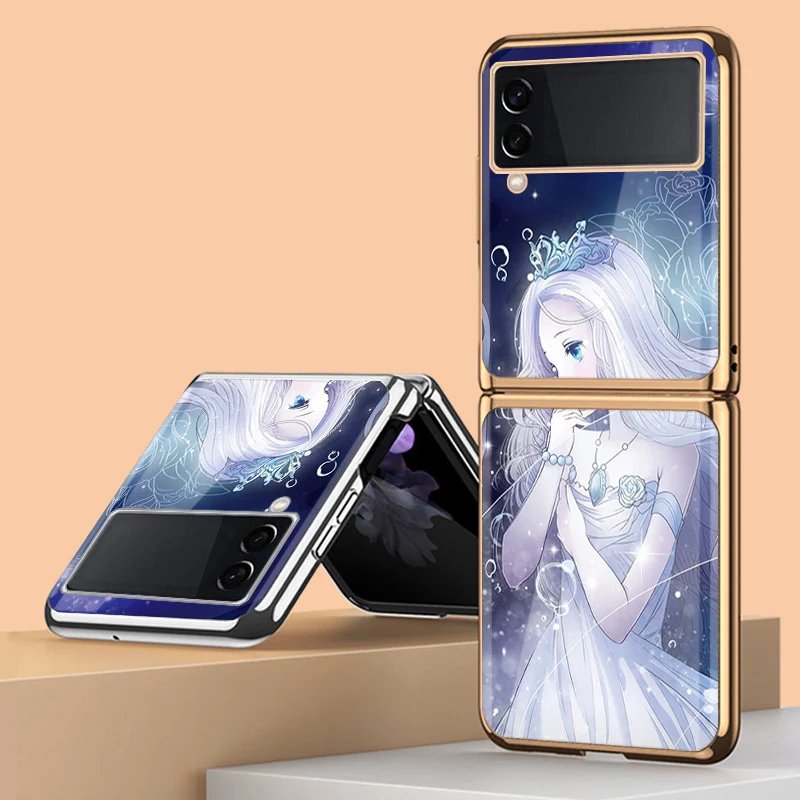 Z Flip 4 Funda Case for Samsung Galaxy Z Flip 4 3 2 1Dream Girl Plating Tempered Glass Coque Protection Phone Case Cover