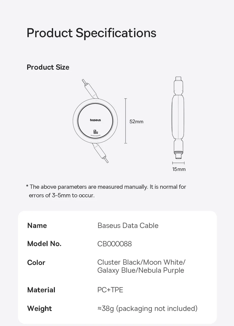 Baseus 60W Retractable USB-C to USB-C Fast Charging Cable