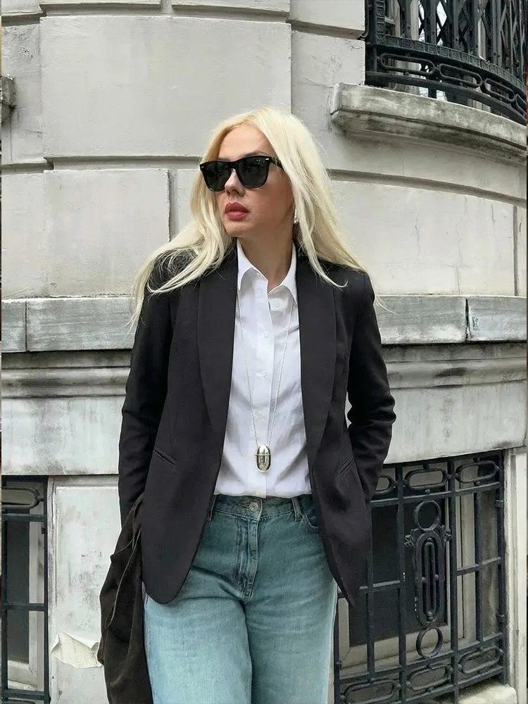 HH Women Casual Solid Short Blazer Coat Open Stitch Long Sleeve Jacket With Pockets Spring Office Lady Chic Outerwear Chic Tops