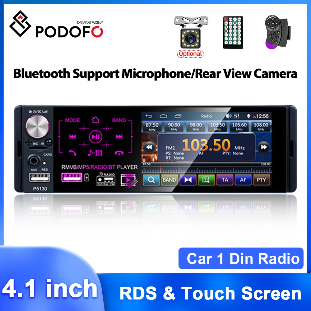 Podofo Car Stereo 1 Din Radio Bluetooth Autoradio 4.1 Touch Screen  Multimedia MP5 Player Support Micophone and Rear View Camera - AliExpress