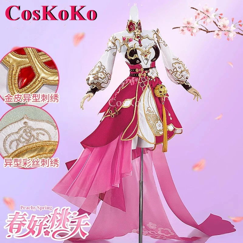 CosKoKo 엘리시아 코스프레 게임, Honkai Impact 3 코스튬 복숭아 용수철 피부, 달콤한 우아한 원피스, 할로윈 파티 역할극 의류