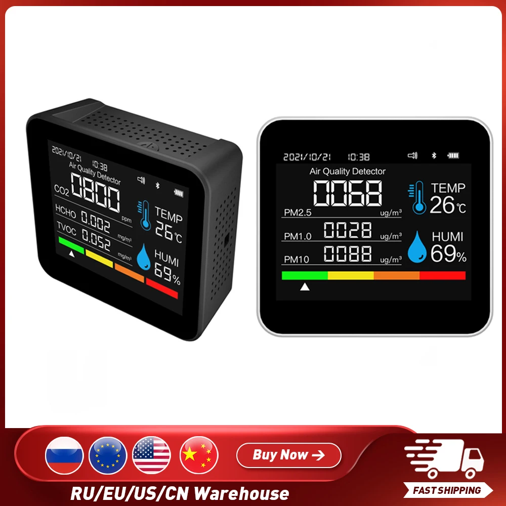 BT 대기질 모니터 이산화탄소 감지기, 시간 및 날짜, CO2 TVOC 온도 습도 감지, 앱 제어 지원, 9 in 1