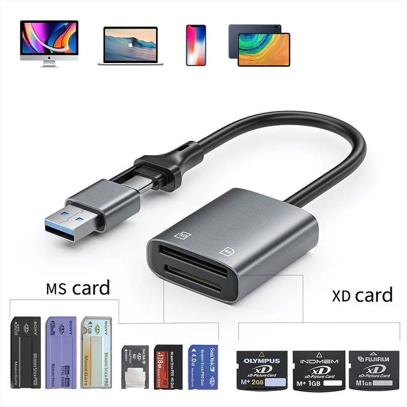 Memory Card Reader MS XD Memory Card Reader 2 in 1 USB Type-C or lightning to XD MS Card Reader Adapter for Memory Sticks iPhone 16 15 Samsung etc