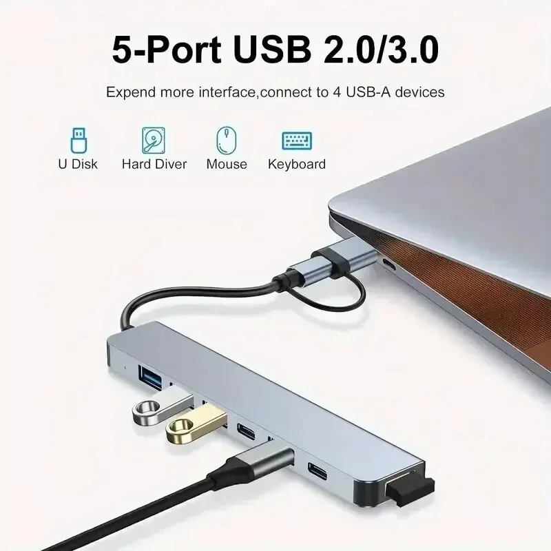 Hub 8 in 2 con splitter, lettore USB, porta C 3.0, 2.0, docking station per schede SD e TF._voghion.com