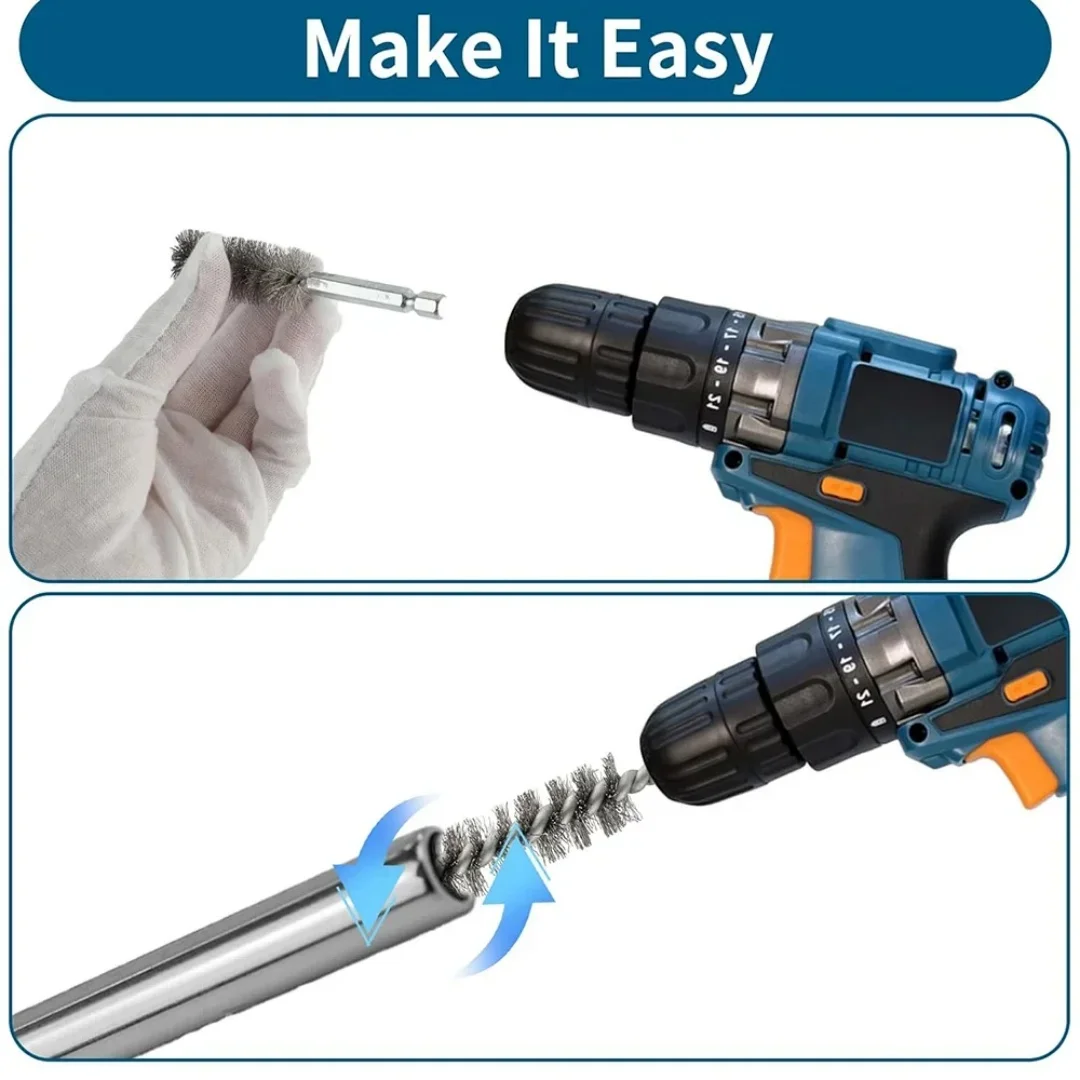 Stainless Steel Pipe Cleaning Brush Set 6 Pcs 1/4" Hexagonal Bar Twisted Wire Hole Brush Cleaning Bristle Wire wire brush set