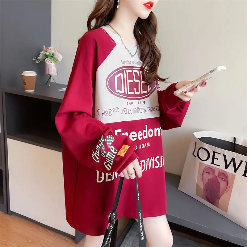 Autumn and Winter Women's Patchwork Letter Contrast Round Neck Long Sleeve Loose Pullover Sweater Fashion Casual Formal Tops