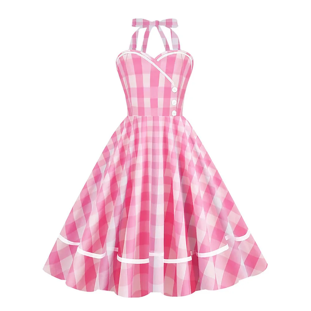 

SISHION Halter Vintage Pink Plaid Dress VD4266 A Line Swing Vestidos Y2K Robe Femmes Birthday Women Dresses