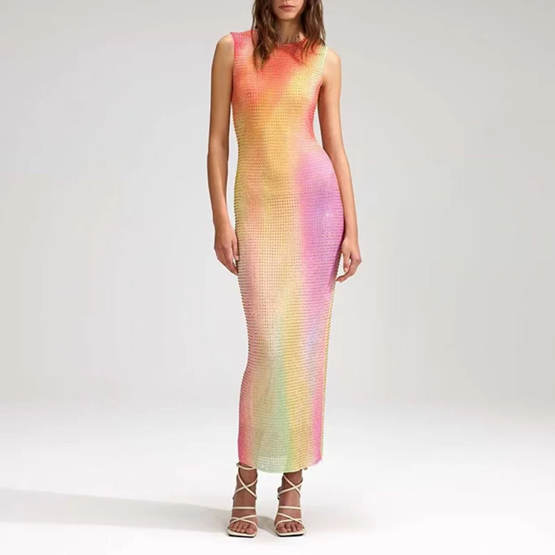 

Women Ankle Length Robe Sleevele Hot Drill Gradient Sexy Dress