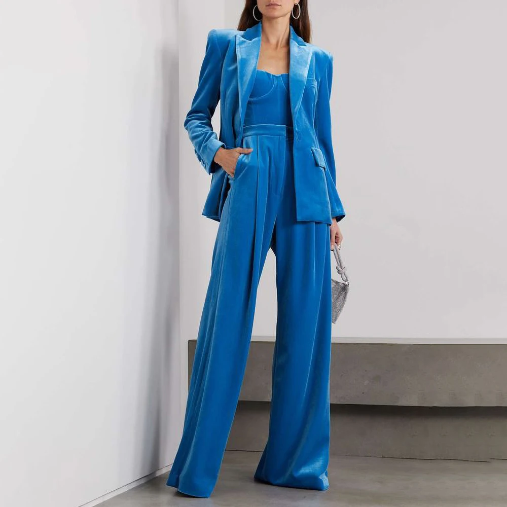 

Женский бархатный комплект из двух предметов, элегантный однобортный офисный костюм с лацканами и пиковым отворотом, элегантный повседневный синий костюм для женщин