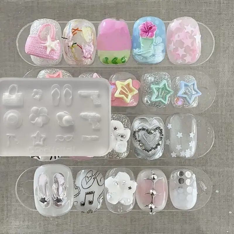3D DIY 아트 장식을위한 편리한 투명 매니큐어 템플릿 실리콘 금형 꽃 모자 슬리퍼 디자인 네일 쥬얼리 공예