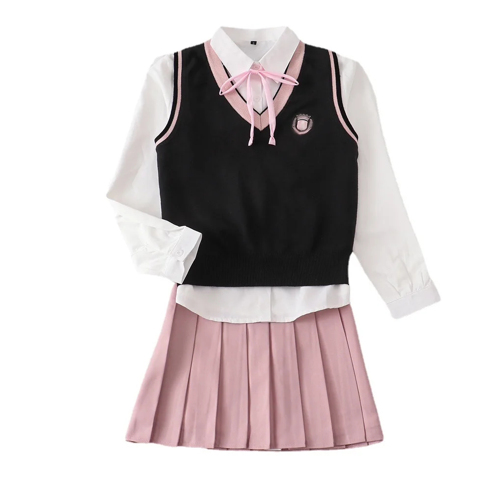 Adult Japanese Korean Student School Dresses JK Uniform Suits Autumn Top Shirt + Sleeveless Sweater Vest + Pink Pleated Skirt