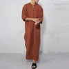 Men's Muslim Robes Solid Color Long Sleeve Cotton Pockets Robes Button-down Leisure Vintage Islamic Arab Kaftan Dubai Male New