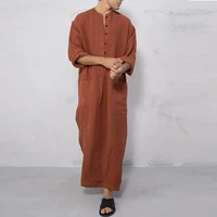 Men's Muslim Robes Solid Color Long Sleeve Cotton Pockets Robes Button-down Leisure Vintage Islamic Arab Kaftan Dubai Male New