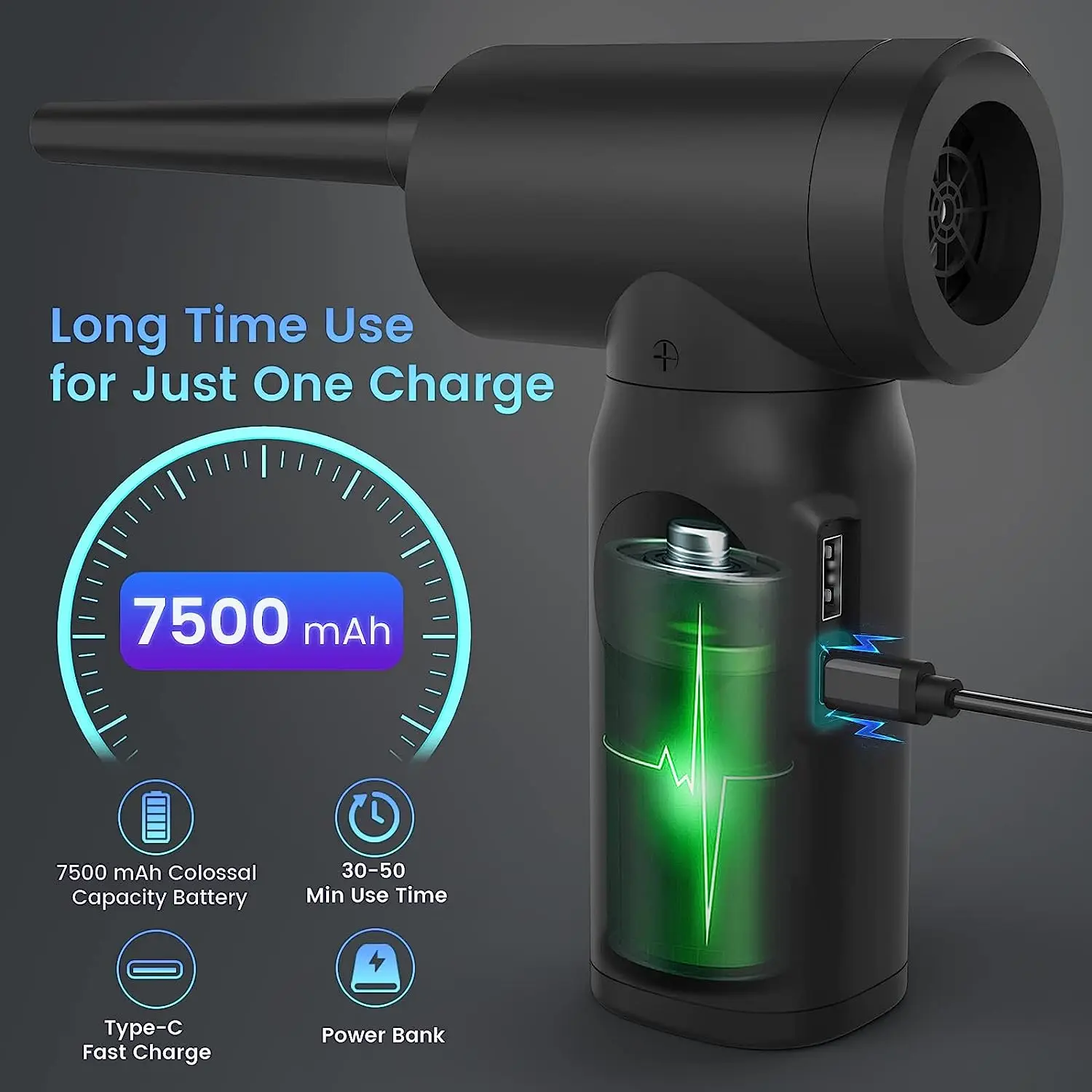 Portable Compressed Air Duster 2 in 1 Air Blower & Vacuum Cleaner Cordless 3 Speed Air Blower for Keyboard Computer Car Cleaning 3