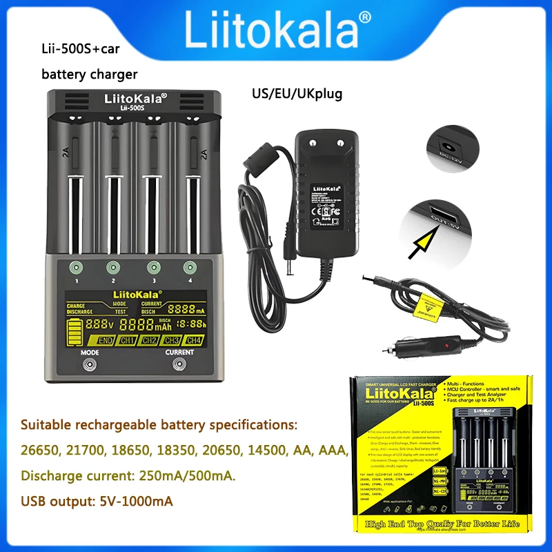 Liitokala LII-600 LII-500 LII-500S LCD 배터리 충전기 3.7V 1.2V 18650 26650 21700 용량 테스트 및 터치 컨트롤 기능 포함