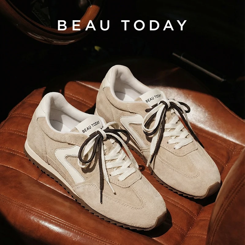 BEAUTODAY 캐주얼 트레이너 여성 소가죽 스웨이드 가죽 라운드 발가락 여러 신발끈 스니커즈 레이스업 여성용 신발 수제 29959