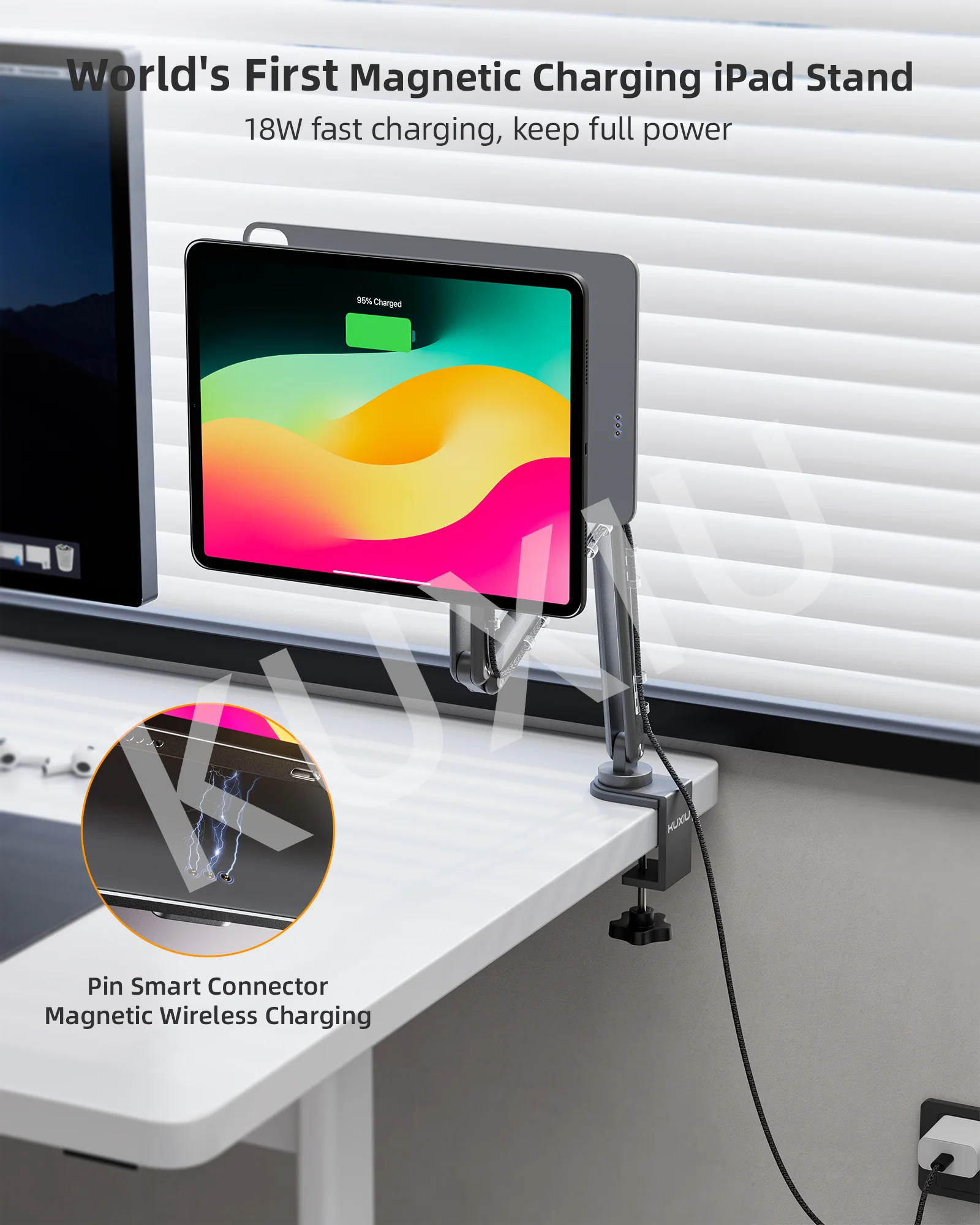 KUXIU Magnetic Charger Holder For iPad Air 11/13 M2（2024),iPad Pro 11 inch 2nd/3rd, 12.9inch 3rd/4th/5th,360 Adjustab Desk Stand 2