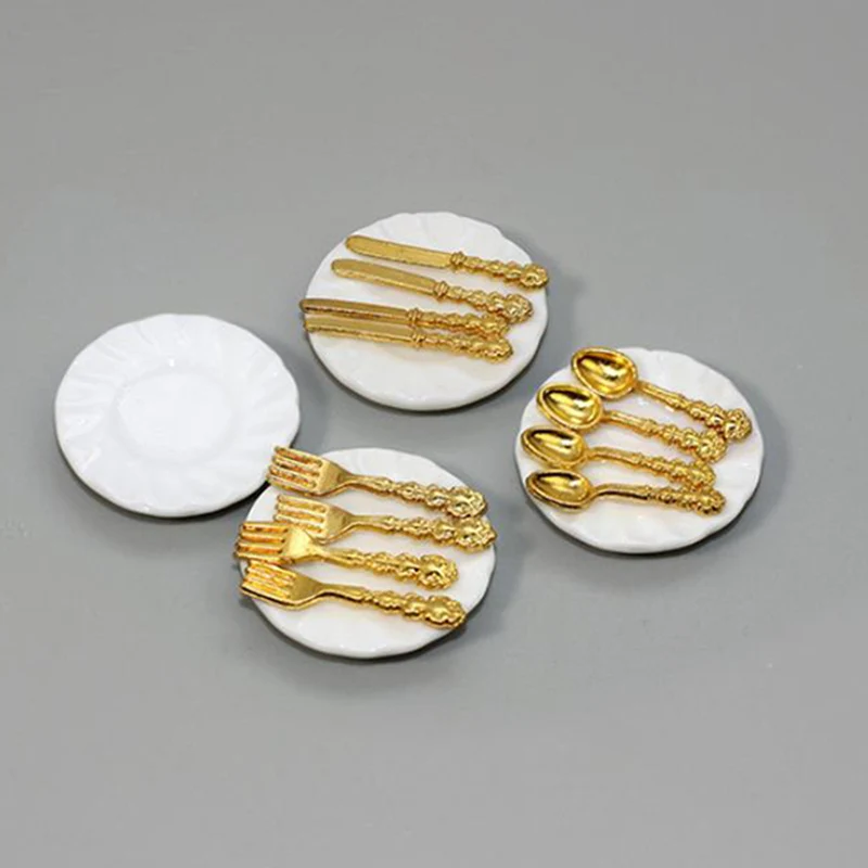 

16Pcs Miniature Knife Fork Spoon Plate Tableware Dollhouse Kitchen Decoration Accessories Furniture Toys