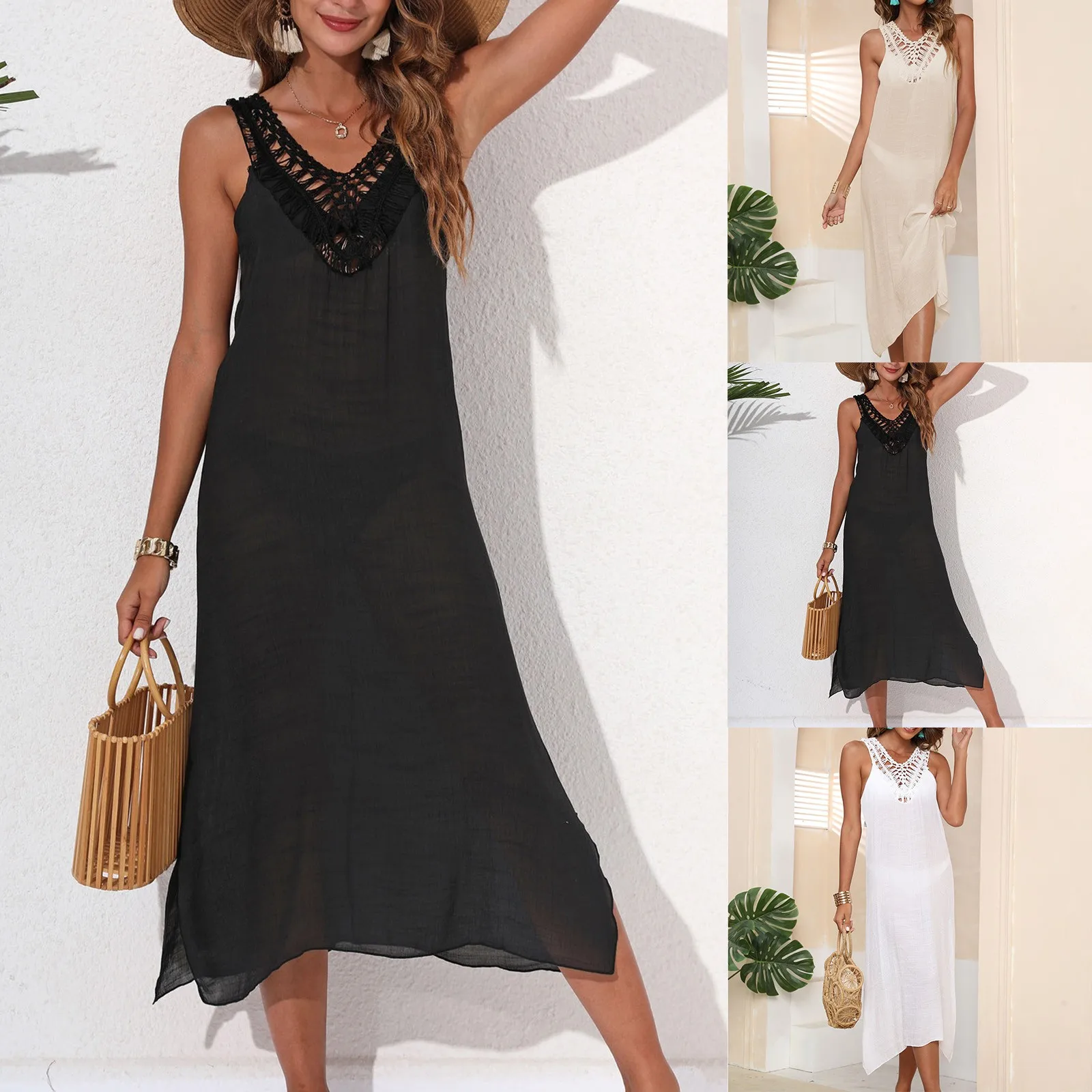 

Women's Vacation Beach Dress Women's Hand Hook Patchwork Vest Skirt Sexy Backless Cover Up Dress For Ladies Loose Ruffles