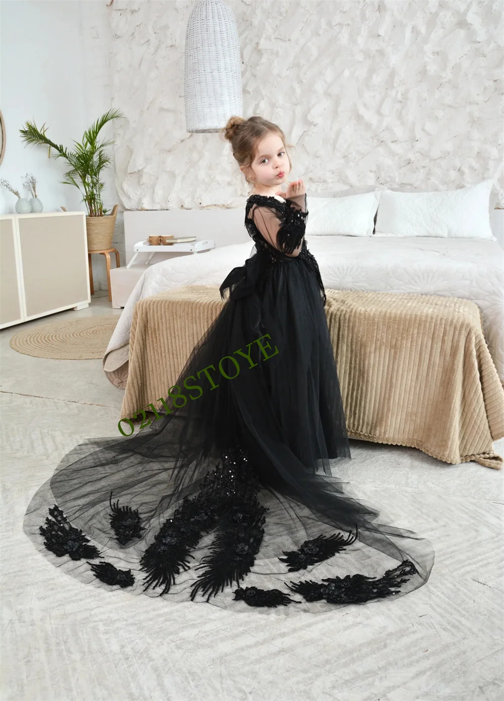 black-fluffy-dress-for-girls-lace-and-sequins-flower-girl-dress-black-tutu-wedding-gown-tulle-bows-on-the-waistline