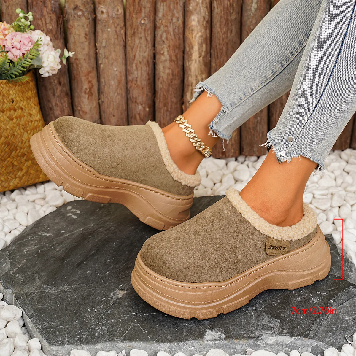 Faux Suede Wedges Cotton Slippers Women Outdoor Plus Size 45 Chunky Platform Snow Boots Woman 2025 Non Slip Warm Fluffy Slippers