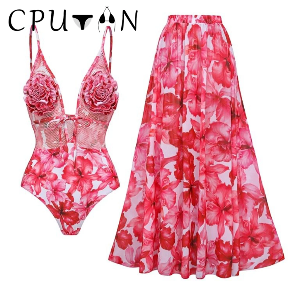 

CPUTAN 2024 Sexy 3D Flower Deep V Neck Bikini Set Swimwear Skirt Women Floral Swimsuit Beachwear Skirt Summer Bathing Suit Dress