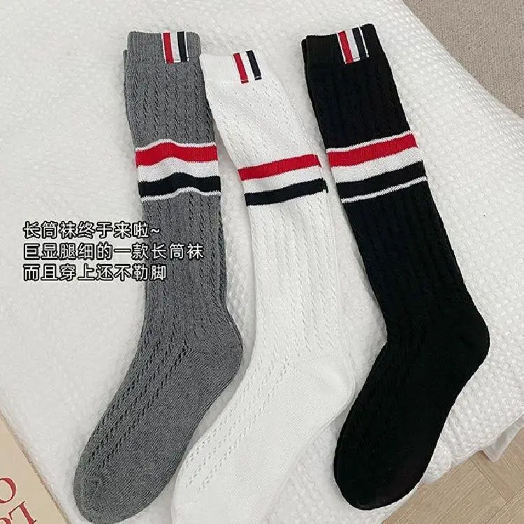 

TB three bar fabric mesh eye tube socks with color blocking stripes and hand sewn label college girl mesh red calf socks