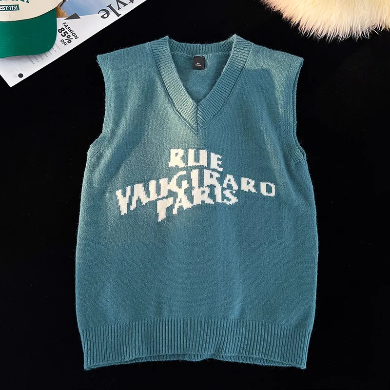 Men V-Neck Sleeveless Sweater Solid Pattern Knit Jacquard Design Vest