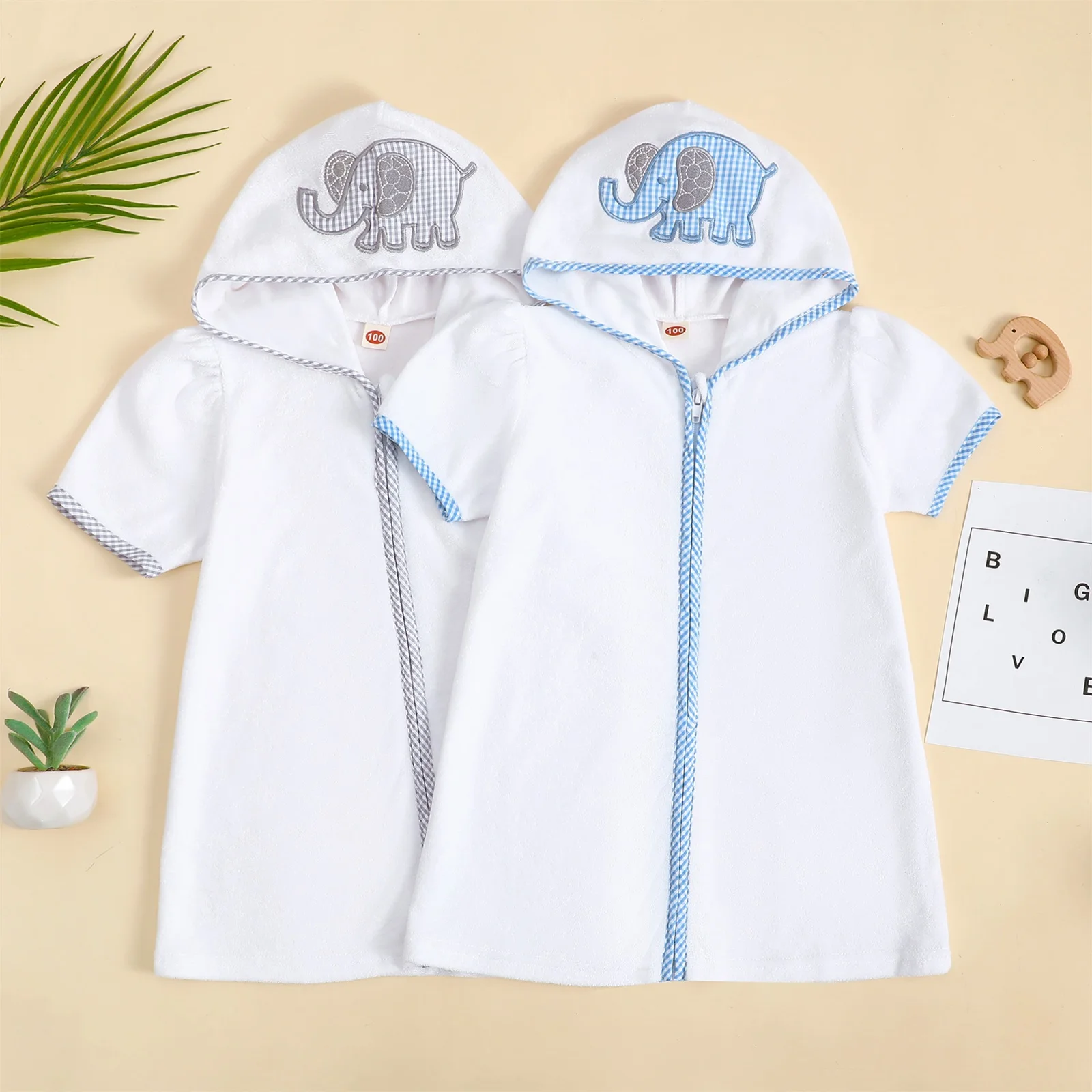 FOCUSNORM 4 Colors Kids Swim Coverups Bow/Elephant Embroidery Short Sleeve Hooded Robe Zip-Up Beachwear