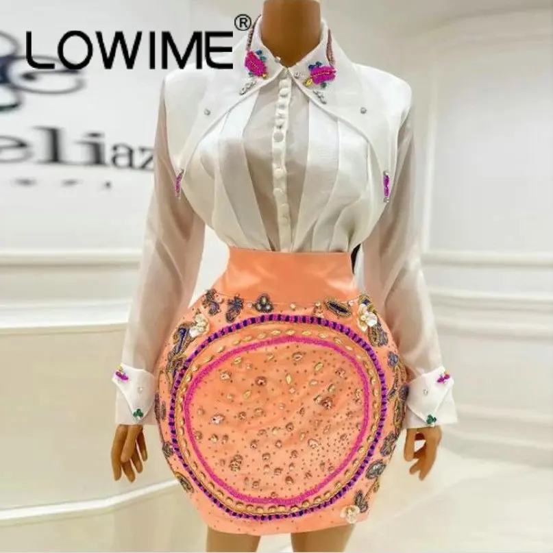 

Stylish Two Pieces Set Girls Short Mermaid Prom Dresses Luxury Rhinestone Crystals Long Sleeves Stage Outfits Dinner Party Gowns