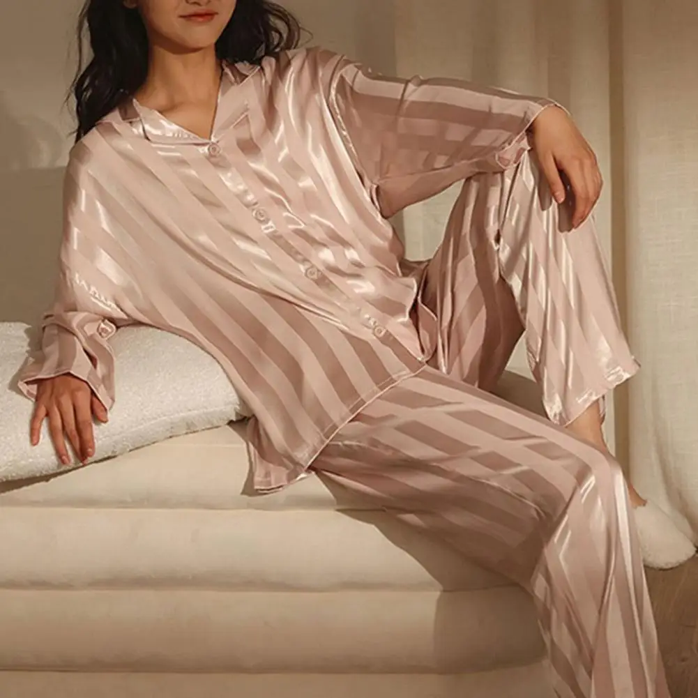 

2 Pcs/Set Women Spring Summer Pajama Set Striped Silky Ice Silk Lapel Long Sleeve Wide Leg Homewear Shirt Pants Set Sleepwear