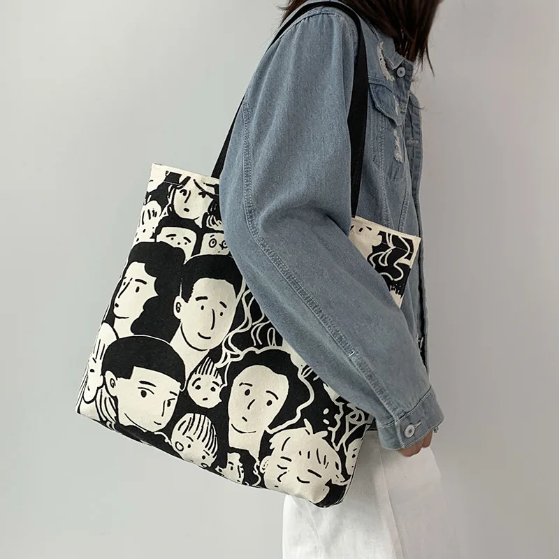Teen Youth Pattern Canvas Bag, Large Capacity Female Single Handbag Shoulder Bag, Student Literary Artistic Simple Shopping Bag