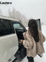 Lautaro Autumn Winter Oversized Loose Casual Luxury Soft Thick Warm Hairy Faux Fox Fur Coat Women Long Sleeve Fluffy Jacket 2024 2