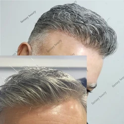 Super Thin Skin 0.02mm Silicon Men Toupee Natural Hairline Grey 100% Human HairPieces Male Wig Replacements System Prosthesis