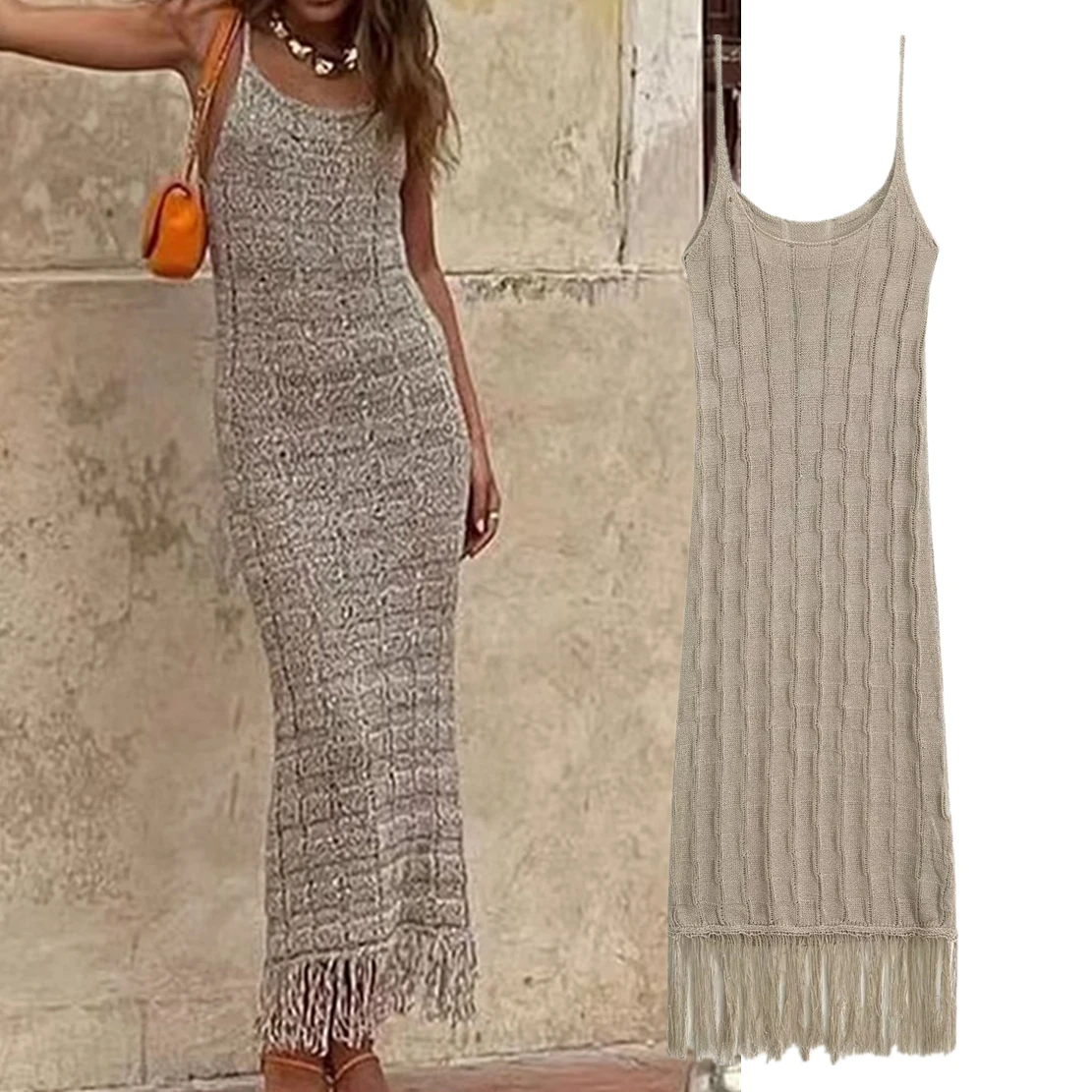 

Elmsk Moroccan Retro Style Textured Knit Hollow Out Sling Dress Women's Tassles Party Sexy Dress Ladies