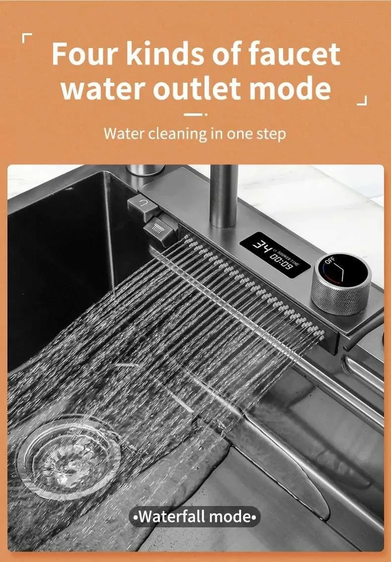 Description Picture 6 of item304 stainless steel kitchen waterfall sink digital display large single sink dish basin sink with multifunction touch waterfall