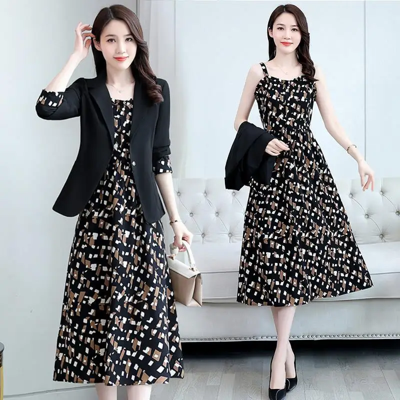 Women's Fashion Suit Set 2022 Fall New Casual Blazers Jacket Dress Two Piece Korean Elegant Vintage Floral Sling Midi Skirt Suit