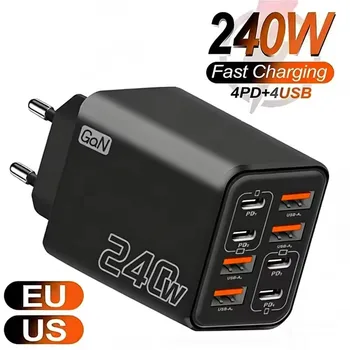 Caricatore USB C GaN da 240W 8 in 1, caricatore rapido per telefono, adattatore di alimentazione per iPhone, Samsung, Xiaomi, tipo C, con spina EU/US, caricatore da parete.