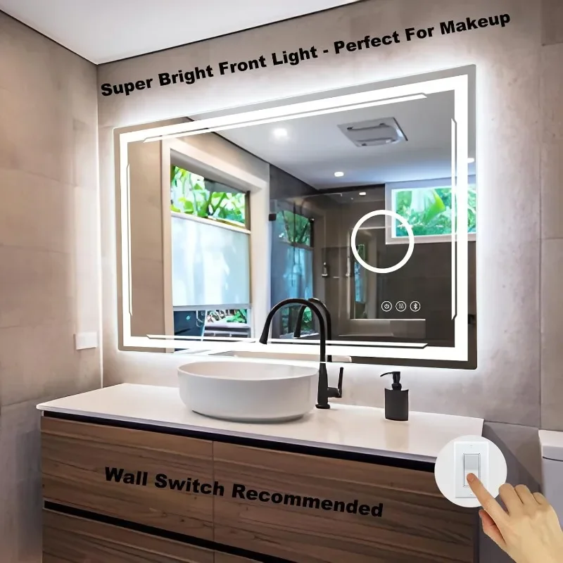 Luxury 48"L x 30"W Wall Mounted LED Mirror Bathroom, Smart Lighted Vanity, with Built-in Bluetooth Speaker and 3X Magnifier