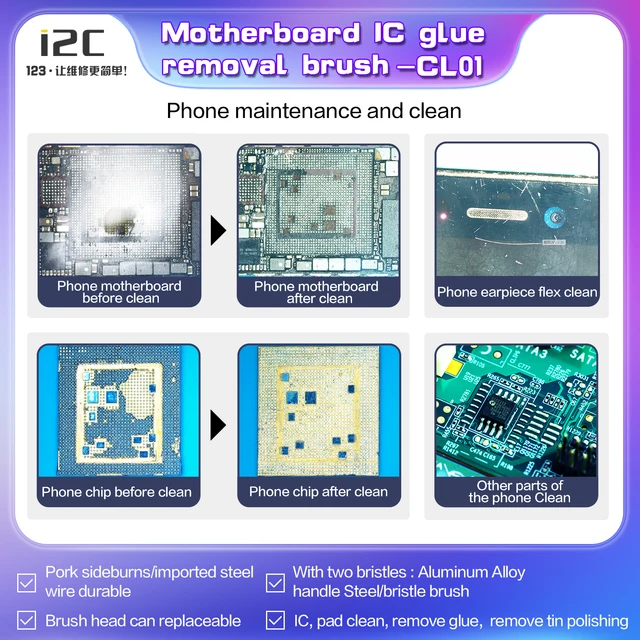 i2C CL01 PCB Circult Clean Metal Brush For Phone PC Motherboard IC Chipping Clean.Glue Removal And Corrosion Removal Steel Brush 6
