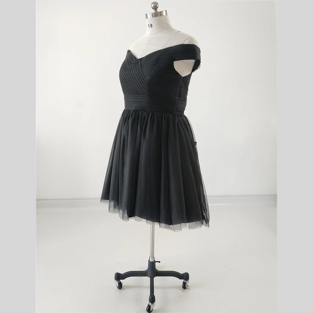 Vestido de cóctel con foto Real para mujer, vestido de tul negro con hombros descubiertos, con cordones por encima de la rodilla, plisado, talla grande, vestido Formal de fiesta, bata personalizada