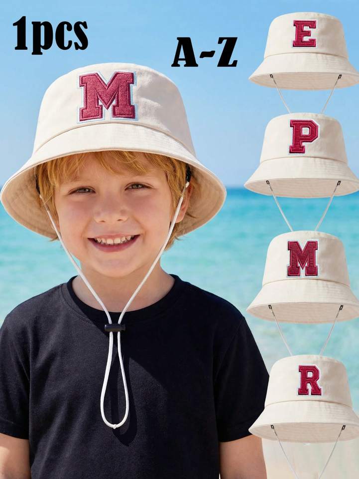 1PCS 3-8Y Kids Wide Brim Bucket Hat, Embroidered A-Z 26 Letters, Breathable Sun Hat, Fashion Fisherman Cap for Summer Daily Wear
