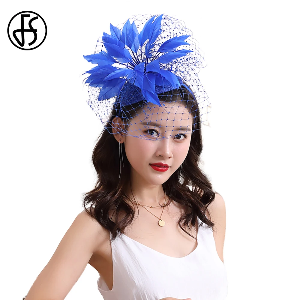 

FS Blue Derby Hats For Women With Veil Feather Fascinator Church Wedding Cocktail Party Pillbox Cap Ladies Luxury Millinery 2024