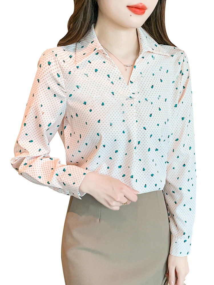 QOERLIN Women Shirt Trendy Quality Temperament Printed Long Sleeve Beaded Turn-Down Collar Shirts Ladies Commute Shirts 2024 New