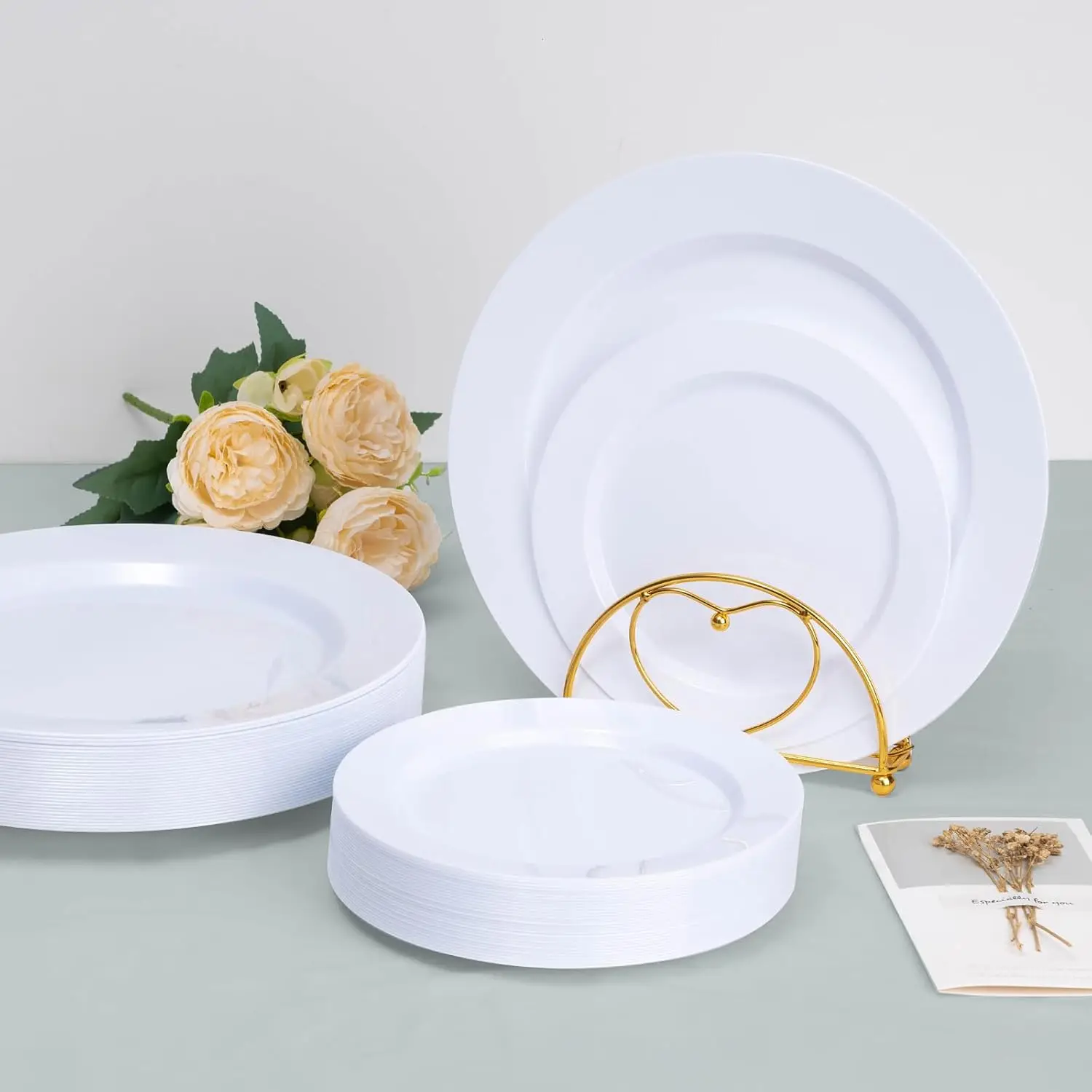 100PCS White Plastic Plates, Heavy Duty Disposable Plastic Plates with 50PCS 10.25inch Dinner Plates and 50PCS 7.5inch Dessert