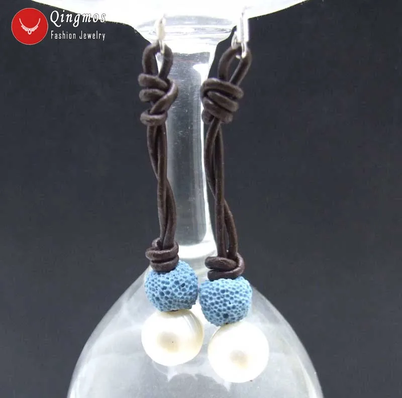 Qingmos 10-11Mm Drop Natural Freshwater White Pearl Earring For Women With Blue Lava Rock Dangle Earring Leather Cord Earring
