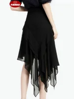 Summer Slimming High Waist Bla Chiffon Asymmetrical Skirt Women's Faionable Draped Thin Sle f-length Skirt - Image 5