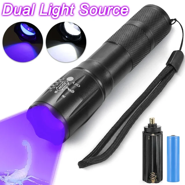 Linterna LED ultravioleta de doble luz, 5 modos, linterna UV con zoom para  detección de agente fluorescente, color morado y blanco - AliExpress