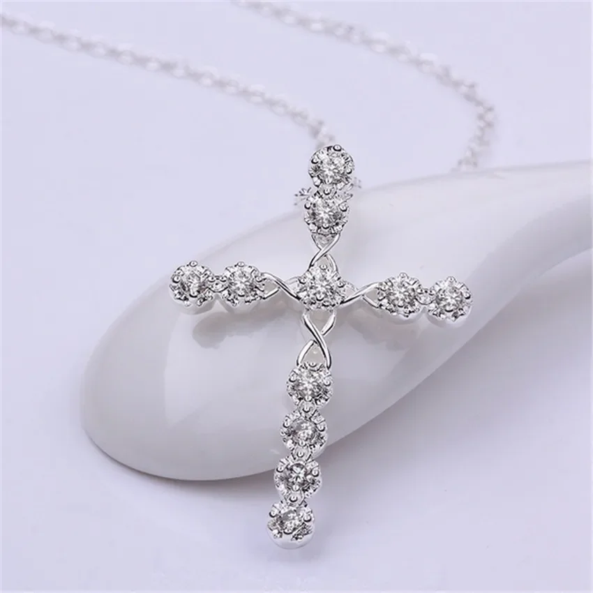 45cm 925 Sterling Silver Crystal Pendant Necklace Wedding Charms Women Fashion Jewelry Classic Cross Gift
