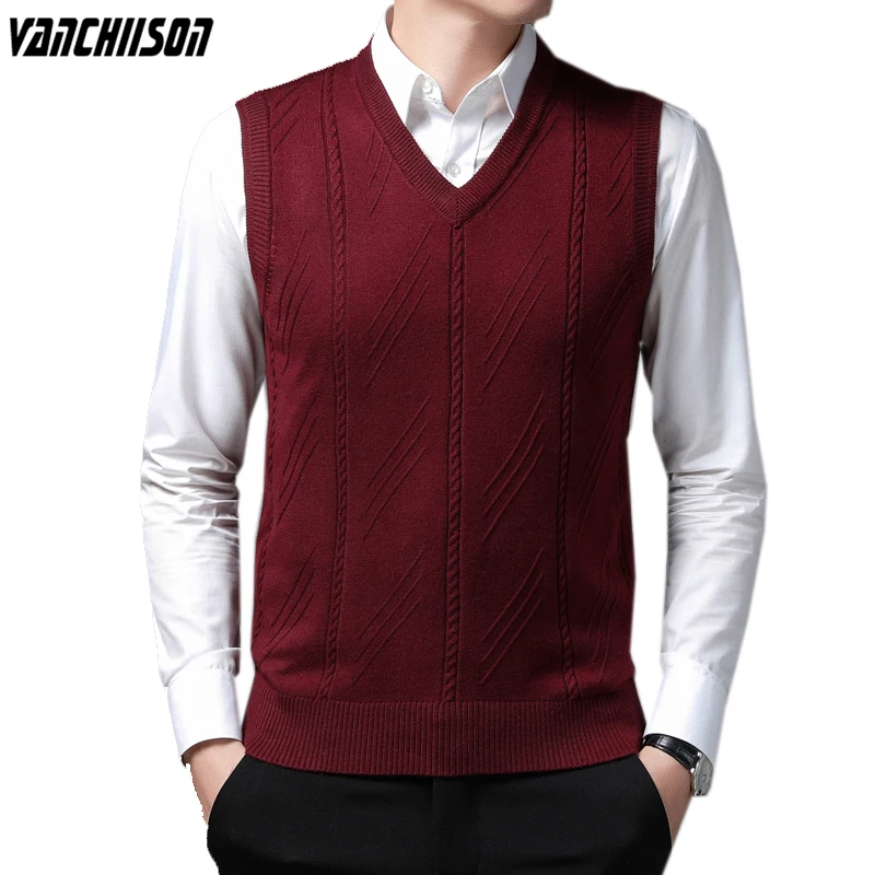 

Men Knit Vest Basic Sweater Sleeveless Basic for Autumn Winter Business Smart Casual V Neck Male Clothing A-89